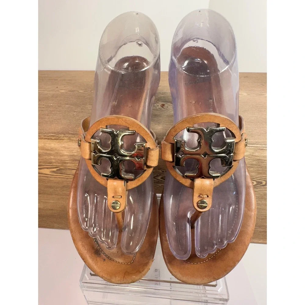 Tory Burch Mini Miller Sandals Women SZ 8 Brown Gold Logo Flip Flop Resort Boho